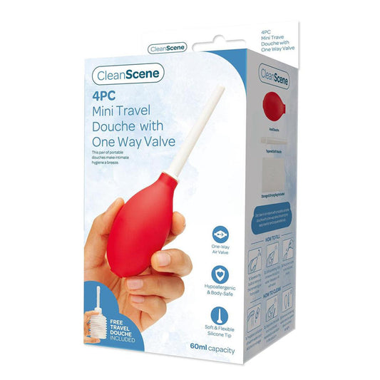 CleanScene 4 Piece Mini Travel Douche with One Way Valve - 60 ml Capacity with Free Travel Douche Included Red - Club X