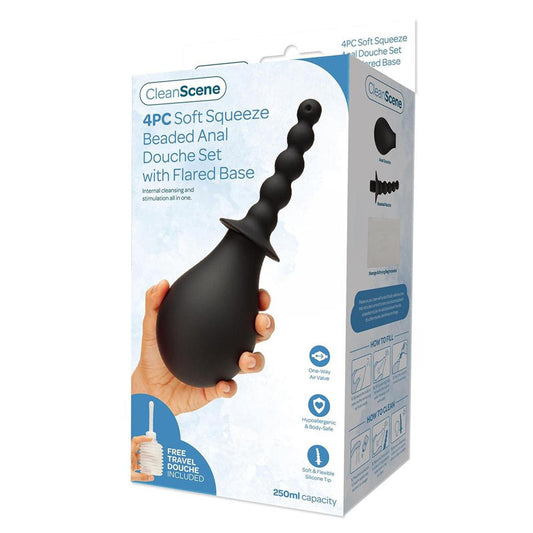CleanScene 4 Piece Soft Squeeze Beaded Anal Douche Set with Flared Base - 250 ml Capacity with Free Travel Douche Included Black - Club X
