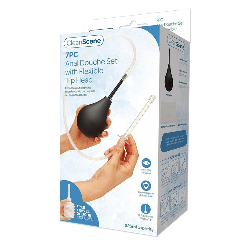 CleanScene 7 Piece Anal Douche Set with Flexible Tip Head - 225 ml Capacity with Free Travel Douche Included Xgen Products