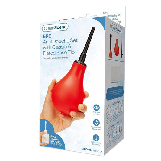 CleanScene 5 Piece Anal Douche Set with Classic & Flared Tips - 200 ml Capacity with Free Travel Douche Included Red - Club X