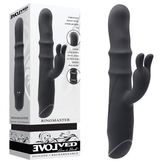Evolved RINGMASTER - Black 23.1 cm USB Rechargeable Rabbit Vibrator Black - Club X