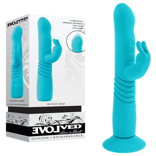 Evolved BUNNY HOP - Teal 25.1 cm USB Rechargeable Thrusting Rabbit Vibrator with Suction Base Teal - Club X