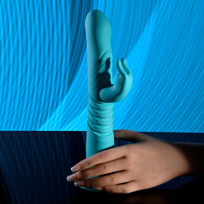 Evolved BUNNY HOP - Teal 25.1 cm USB Rechargeable Thrusting Rabbit Vibrator with Suction Base Evolved