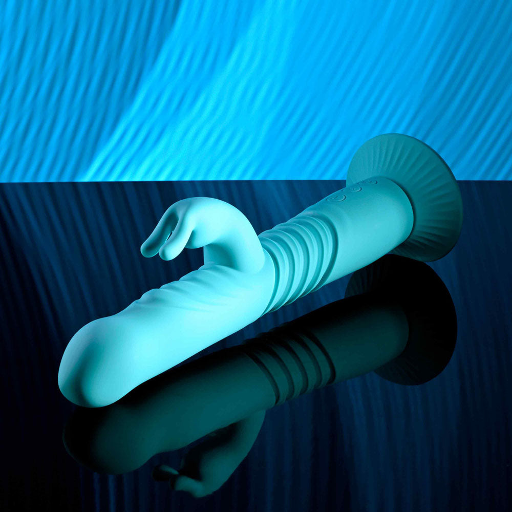 Evolved BUNNY HOP - Teal 25.1 cm USB Rechargeable Thrusting Rabbit Vibrator with Suction Base Evolved