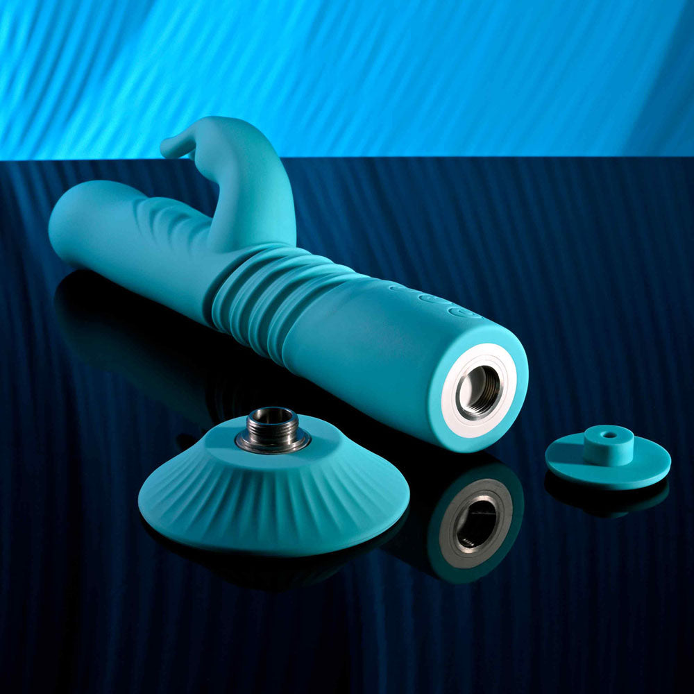 Evolved BUNNY HOP - Teal 25.1 cm USB Rechargeable Thrusting Rabbit Vibrator with Suction Base Evolved