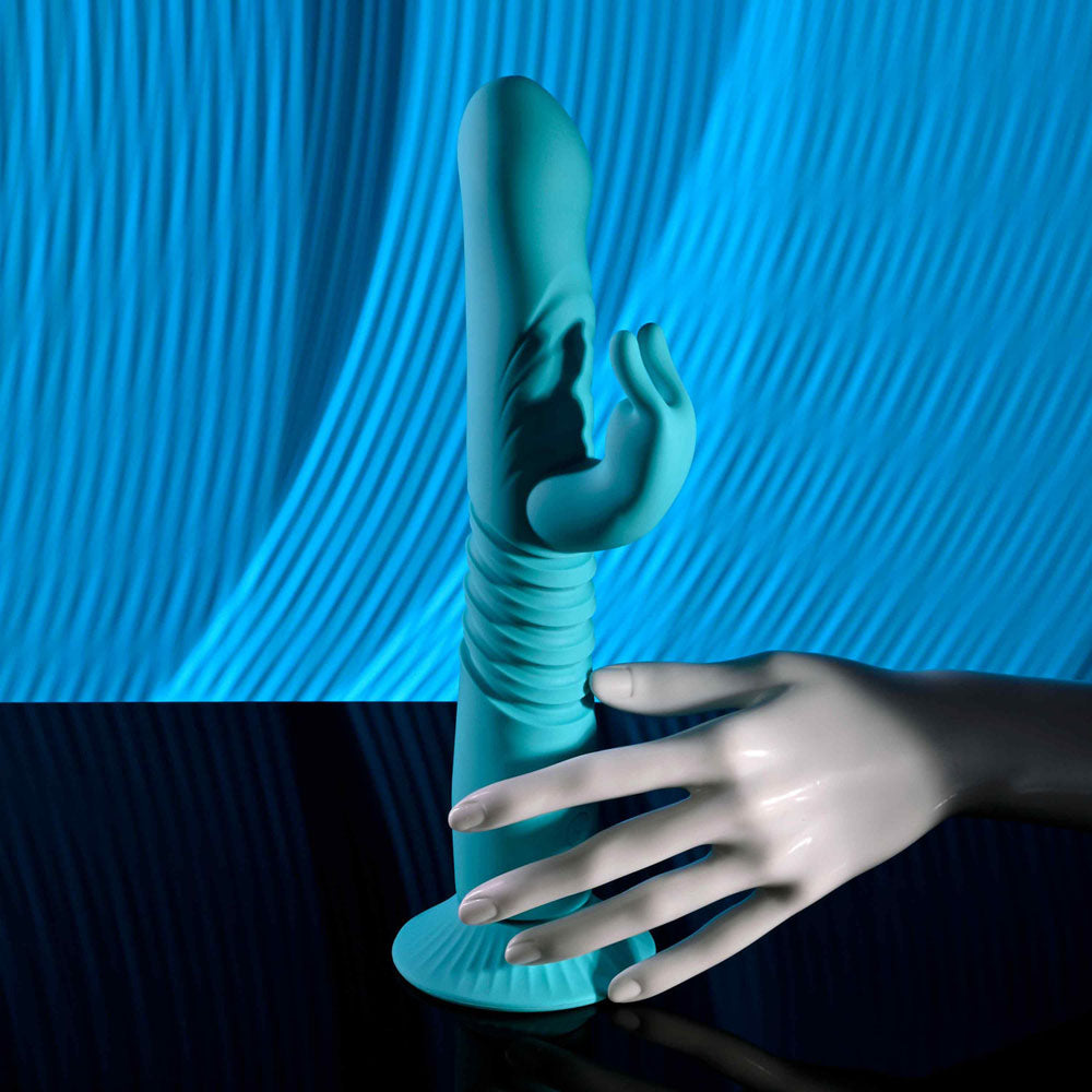 Evolved BUNNY HOP - Teal 25.1 cm USB Rechargeable Thrusting Rabbit Vibrator with Suction Base Evolved