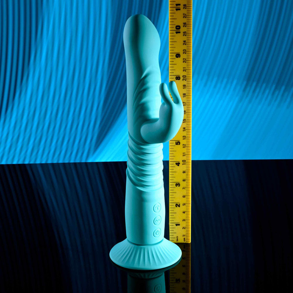 Evolved BUNNY HOP - Teal 25.1 cm USB Rechargeable Thrusting Rabbit Vibrator with Suction Base Evolved