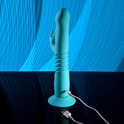 Evolved BUNNY HOP - Teal 25.1 cm USB Rechargeable Thrusting Rabbit Vibrator with Suction Base Evolved