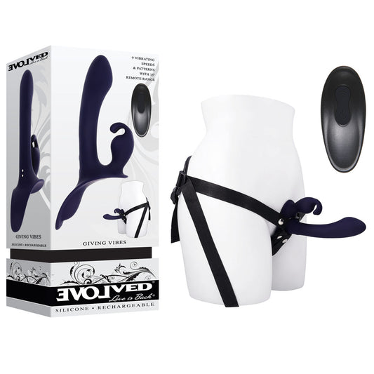 Evolved GIVING VIBES - Black 14.6 cm USB Rechargeable Vibrating Strap-On with Remote Black - Club X