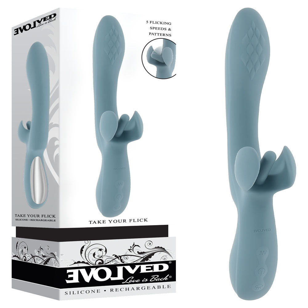 Evolved TAKE YOUR FLICK - Grey 24.1 cm USB Rechargeable Vibrator with Flicking Clitoral Stimulator Evolved