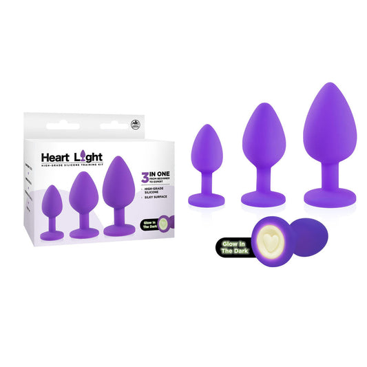 Heart Light - Purple - Purple Butt Plugs with Glow in Dark Bases - Set of 3 Sizes Excellent Power