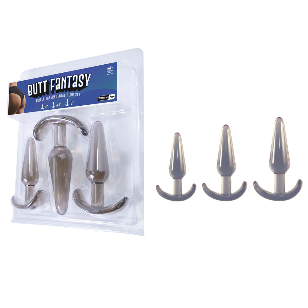 Butt Fantasy Triple Tapered Anal Plug Set - Black - Black Beginners Butt Plugs - Set of 3 Sizes Excellent Power