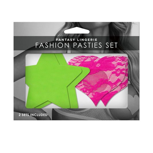 GLOW Fashion Pasties Set - Solid Neon Green & Pink - 2 Sets Included Coloured - Club X