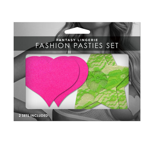 GLOW Fashion Pasties Set - Neon Green & Solid Pink - 2 Sets Included Coloured - Club X