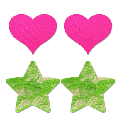 GLOW Fashion Pasties Set - Neon Green & Solid Pink - 2 Sets Included Fantasy Lingerie