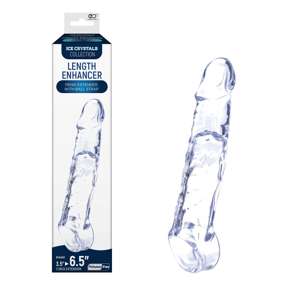 Excellent Power Ice Crystals clear 3 inch penis length enhancer with integrated ball strap and retail box