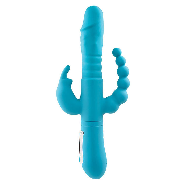 Adam & Eve THRUSTING TRIPLE JOY RABBIT - Teal 25.4 cm USB Rechargeable Rabbit Vibrator with Anal Probe Adam & Eve