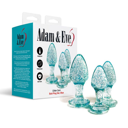 Adam & Eve Glitter Gem 3-Piece Butt Plug Set - Blue - Glitter Blue Butt Plugs - Set of 3 Sizes Adam & Eve