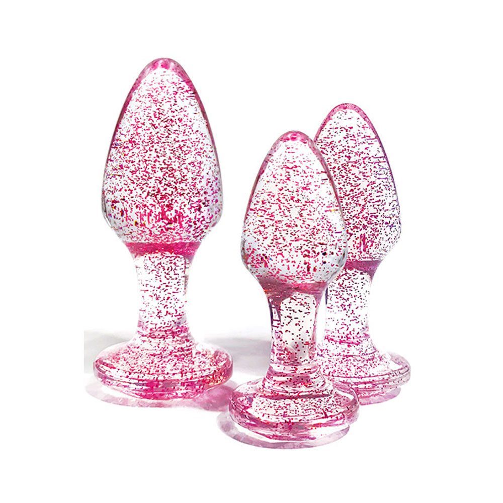 Adam & Eve Glitter Gem 3-Piece Butt Plug Set - Pink - Glitter Pink Butt Plugs - Set of 3 Sizes Adam & Eve