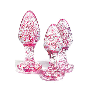 Adam & Eve Glitter Gem 3-Piece Butt Plug Set - Pink - Glitter Pink Butt Plugs - Set of 3 Sizes Adam & Eve