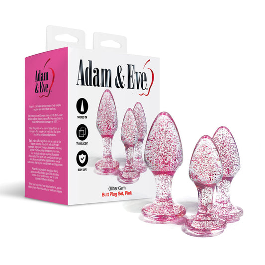 Adam & Eve Glitter Gem 3-Piece Butt Plug Set - Pink - Glitter Pink Butt Plugs - Set of 3 Sizes Adam & Eve