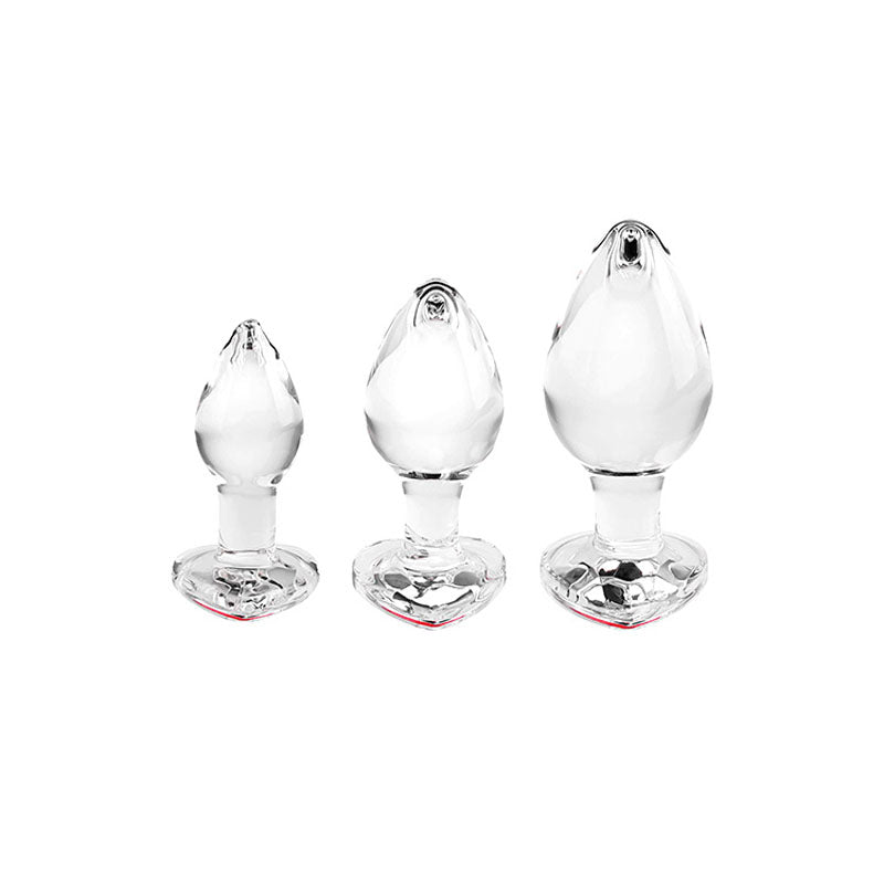 Adam & Eve RED HEART GEM GLASS PLUG SET - Clear Glass Butt Plugs - Set of 3 Sizes Adam & Eve