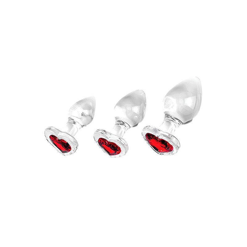 Adam & Eve RED HEART GEM GLASS PLUG SET - Clear Glass Butt Plugs - Set of 3 Sizes Adam & Eve