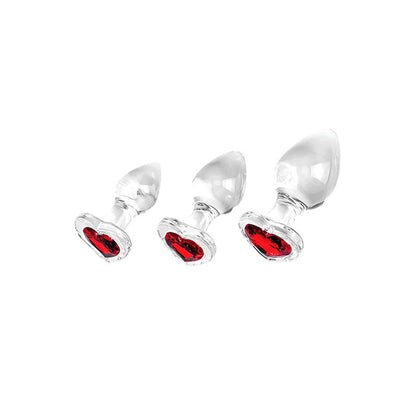 Adam & Eve RED HEART GEM GLASS PLUG SET - Clear Glass Butt Plugs - Set of 3 Sizes Adam & Eve