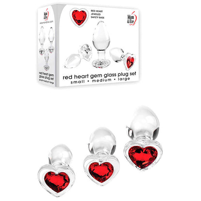 Adam & Eve RED HEART GEM GLASS PLUG SET - Clear Glass Butt Plugs - Set of 3 Sizes Adam & Eve