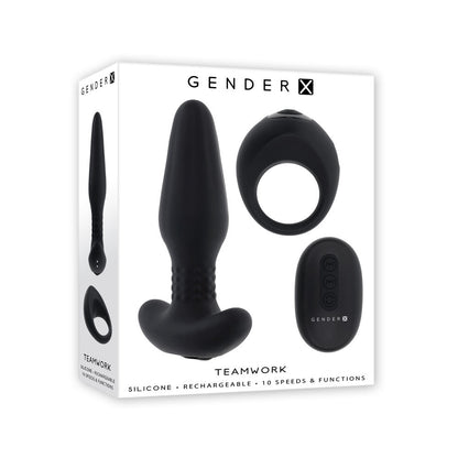 Gender X TEAMWORK - Black USB Rechargeable Rimming Butt Plug & Vibrating Cock Ring Gender X