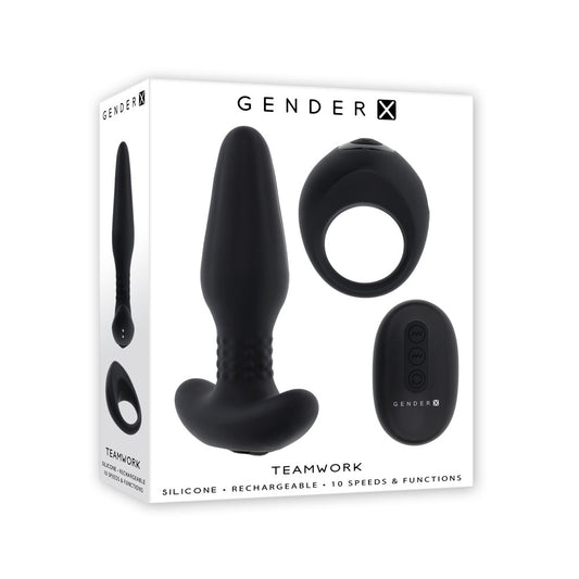 Gender X TEAMWORK - Black USB Rechargeable Rimming Butt Plug & Vibrating Cock Ring Black - Club X