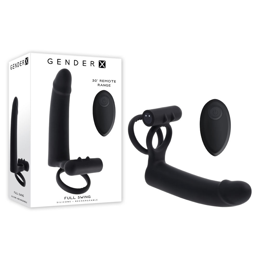 Gender X FULL SWING - Black USB Rechargeable Vibrating Cock Ring with Double Penetrator Dildo Black - Club X