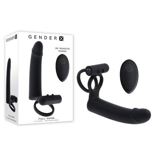 Gender X FULL SWING - Black USB Rechargeable Vibrating Cock Ring with Double Penetrator Dildo Black - Club X