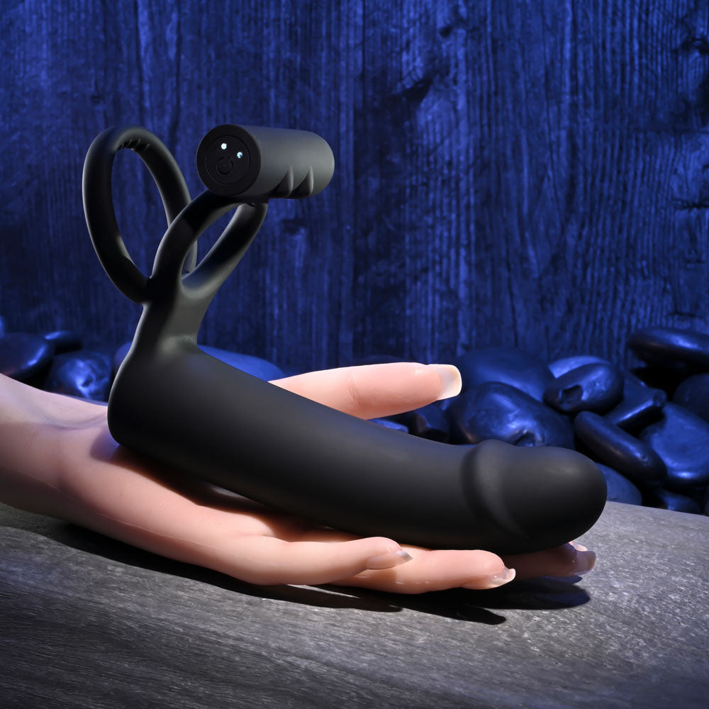 Gender X FULL SWING - Black USB Rechargeable Vibrating Cock Ring with Double Penetrator Dildo Gender X