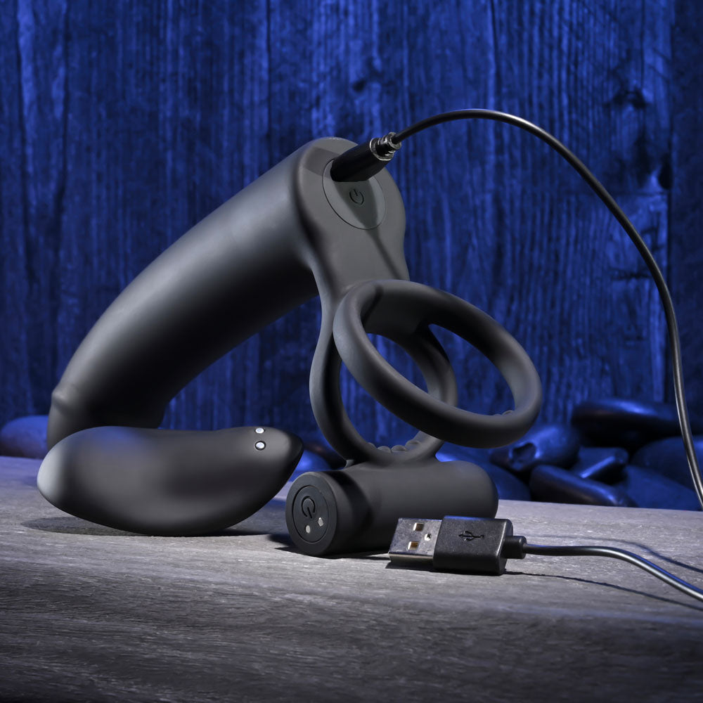 Gender X FULL SWING - Black USB Rechargeable Vibrating Cock Ring with Double Penetrator Dildo Gender X