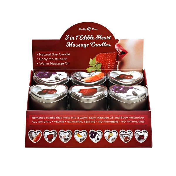 3 in 1 Edible Heart Massage Candles - Flavoured Massage Candles - Counter Display of 12 Earthly Body