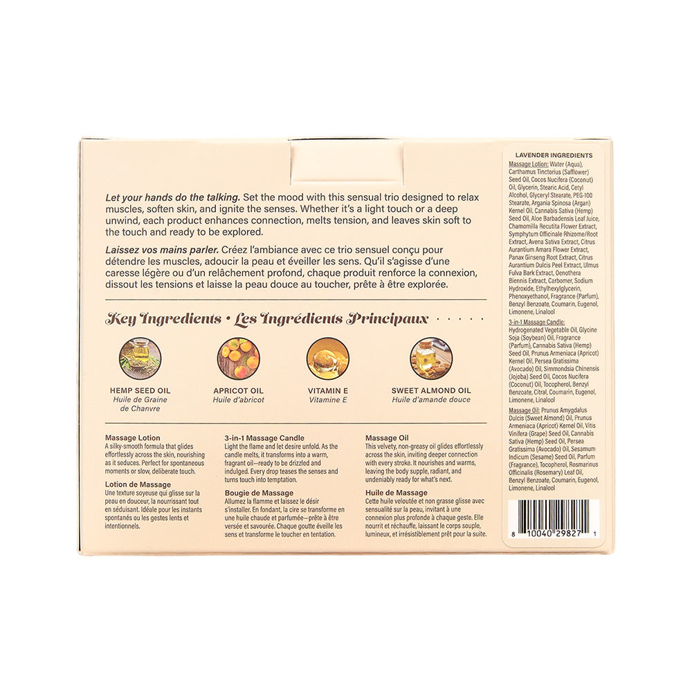 Hemp Seed Tranquility Trio - Lavender - Lavender Scented Massage & Caress Kit - 3 Piece Kit Earthly Body