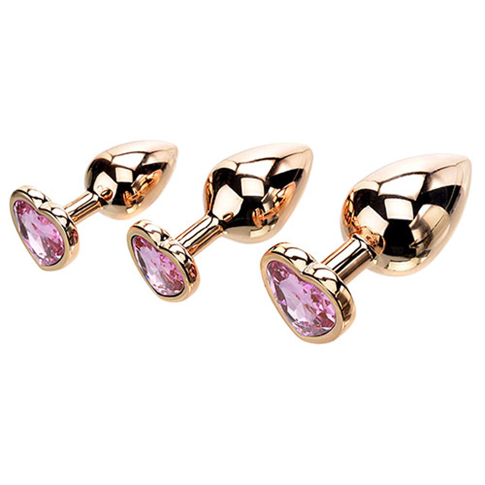 Adam & Eve ROSE GOLD HEART GEM ANAL TRAINING SET - Rose Gold Metal Anal Plugs with Pink Gem Bases - Set of 3 Sizes Adam & Eve
