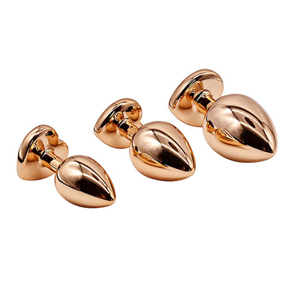 Adam & Eve ROSE GOLD HEART GEM ANAL TRAINING SET - Rose Gold Metal Anal Plugs with Pink Gem Bases - Set of 3 Sizes Adam & Eve