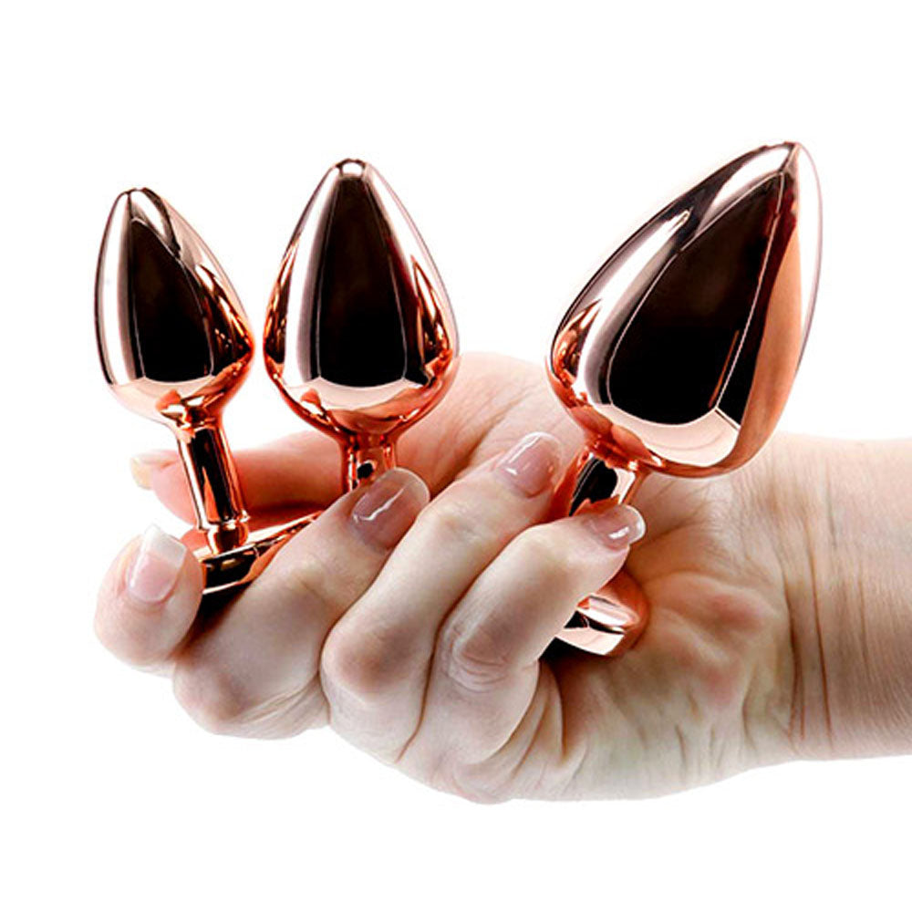 Adam & Eve ROSE GOLD HEART GEM ANAL TRAINING SET - Rose Gold Metal Anal Plugs with Pink Gem Bases - Set of 3 Sizes Adam & Eve