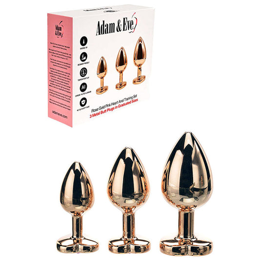 Adam & Eve ROSE GOLD HEART GEM ANAL TRAINING SET - Rose Gold Metal Anal Plugs with Pink Gem Bases - Set of 3 Sizes Adam & Eve