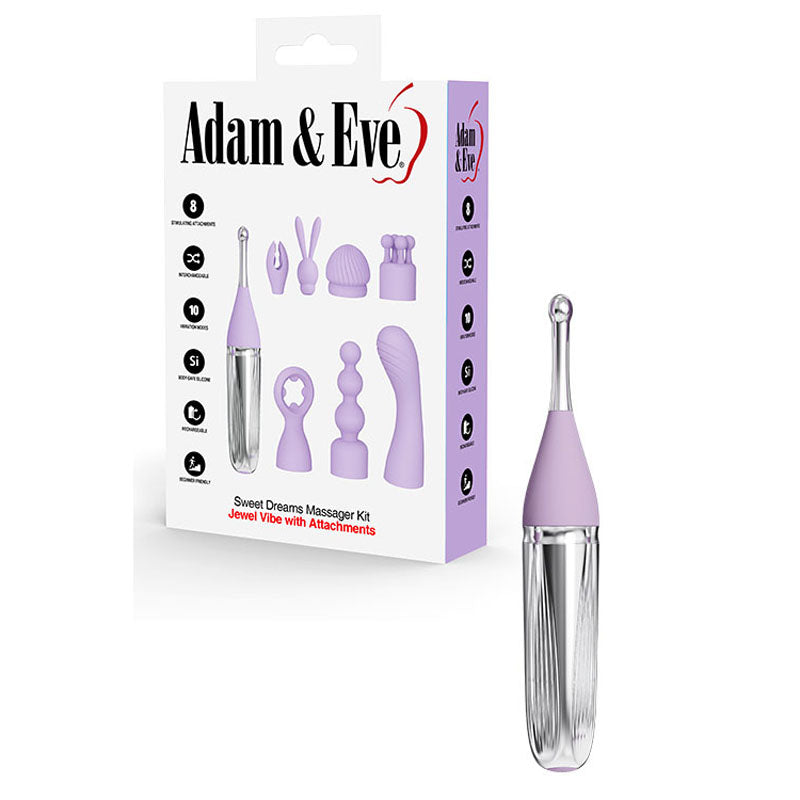 Adam & Eve SWEET DREAMS MASSAGER KIT - Lavender USB Rechargeable Point Stimulator with 8 Interchangeable Tips Adam & Eve