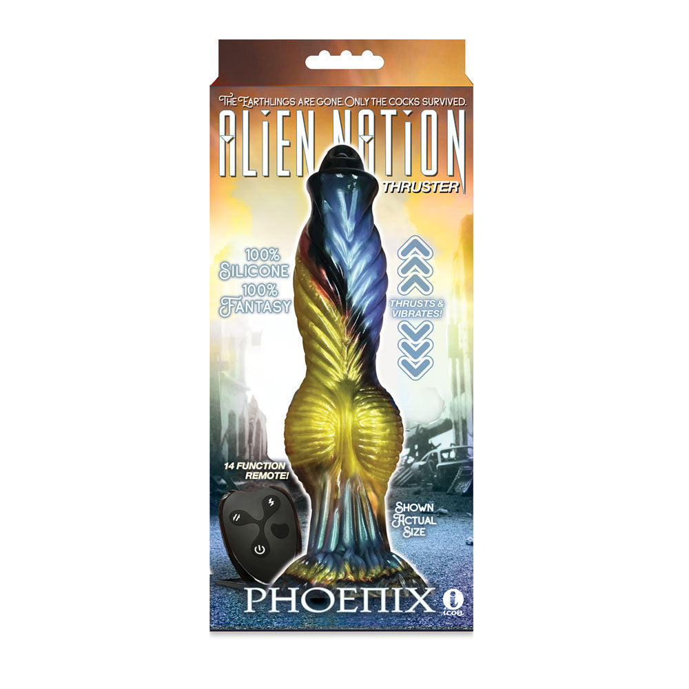 Alien Nation - Phoenix - Gold/Blue & Black 25.4 cm USB Rechargeable Thrusting Fantasy Dong with Remote Icon Brands