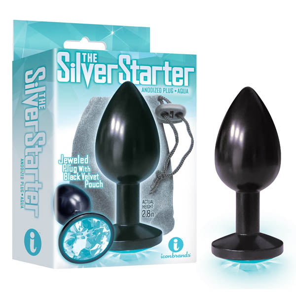 The Silver Starter - Anodised Black 7.1 cm (2.8'') Butt Plug with Aqua Round Jewel Icon Brands