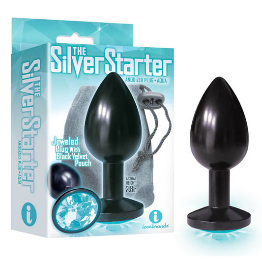 The Silver Starter - Anodised Black 7.1 cm (2.8'') Butt Plug with Aqua Round Jewel Icon Brands