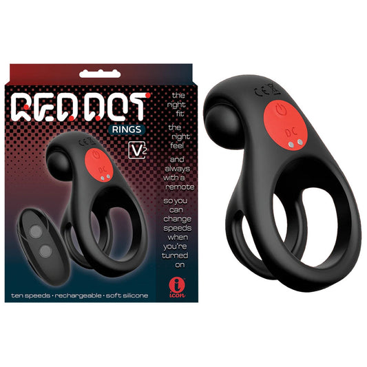Red Dot Rings - V2 - Black USB Rechargeable Vibrating Cock & Ball Ring with Remote Icon Brands