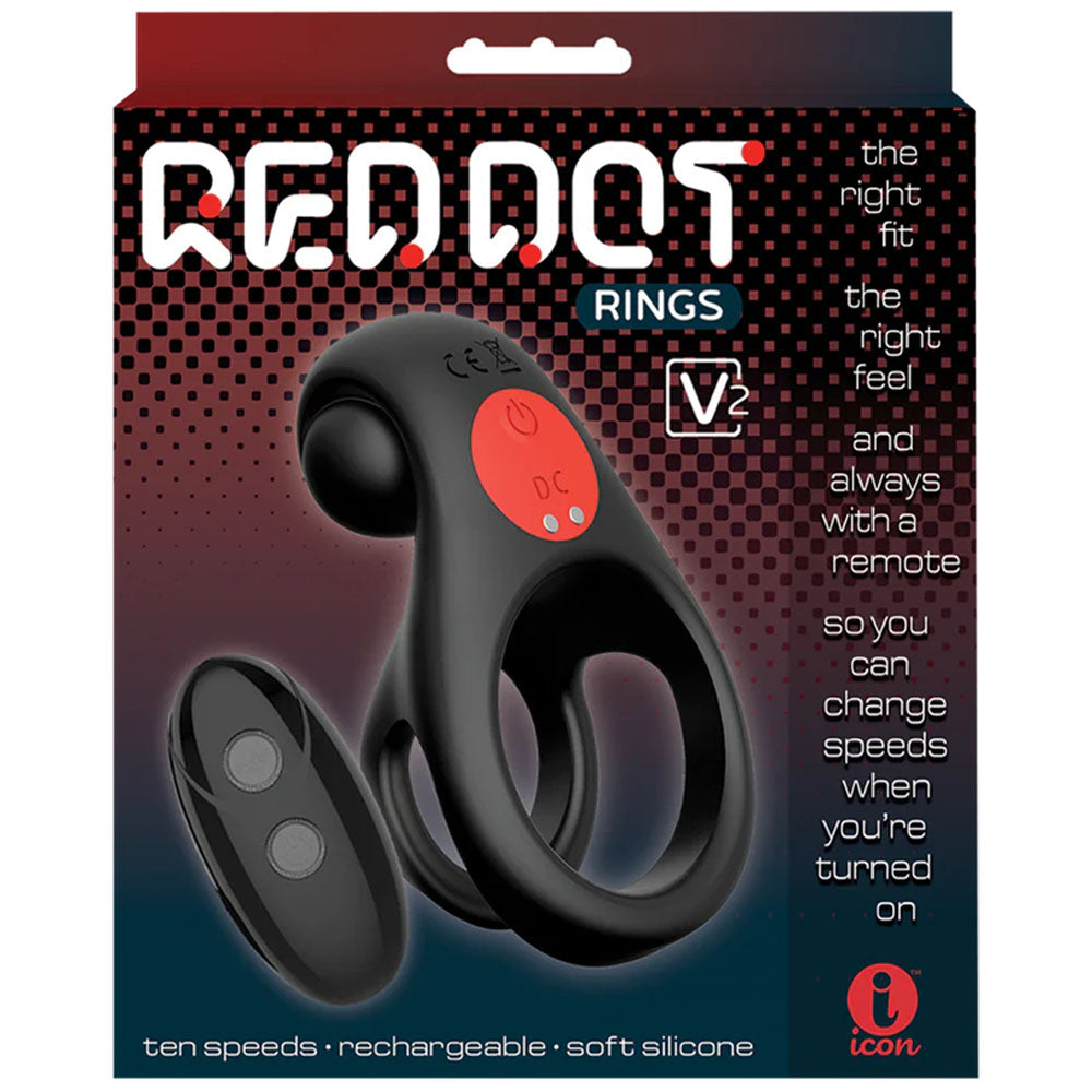 Red Dot Rings - V2 - Black USB Rechargeable Vibrating Cock & Ball Ring with Remote Icon Brands
