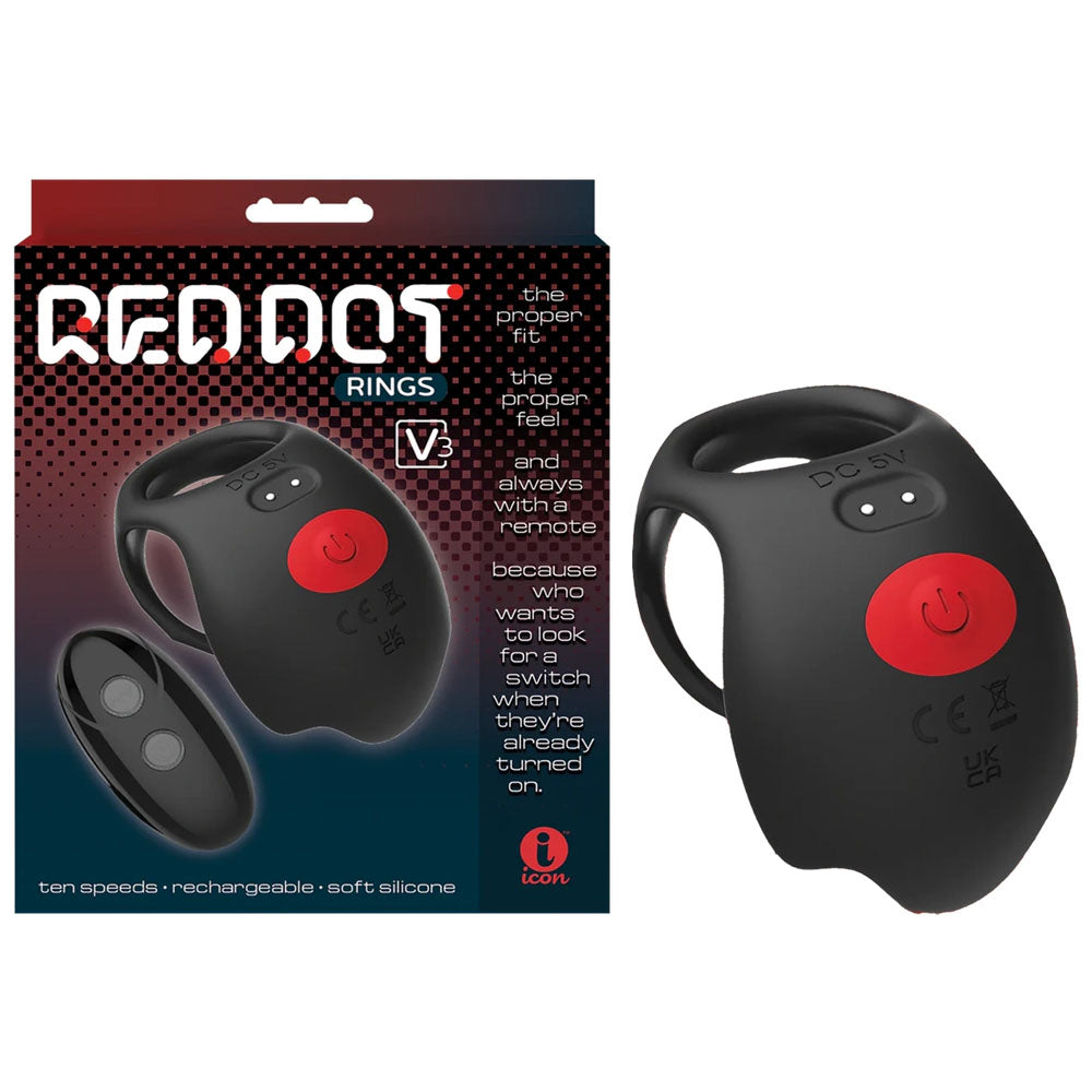 Red Dot Rings - V3 - Black USB Rechargeable Vibrating Cock & Ball Ring with Remote Icon Brands