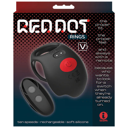 Red Dot Rings - V3 - Black USB Rechargeable Vibrating Cock & Ball Ring with Remote Icon Brands