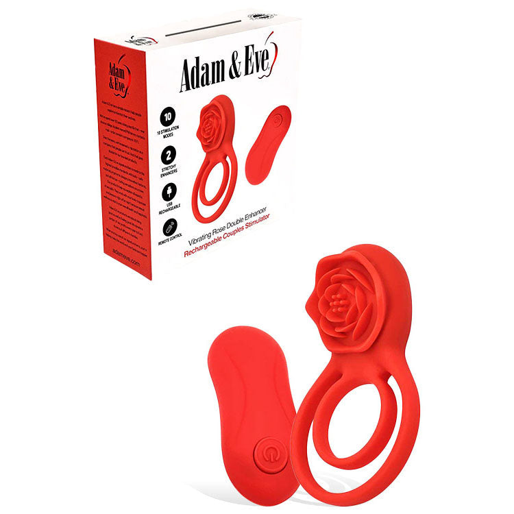 Adam & Eve VIBRATING ROSE DOUBLE ENHANCER - Red USB Rechargeable Cock & Balls Ring with Remote Adam & Eve